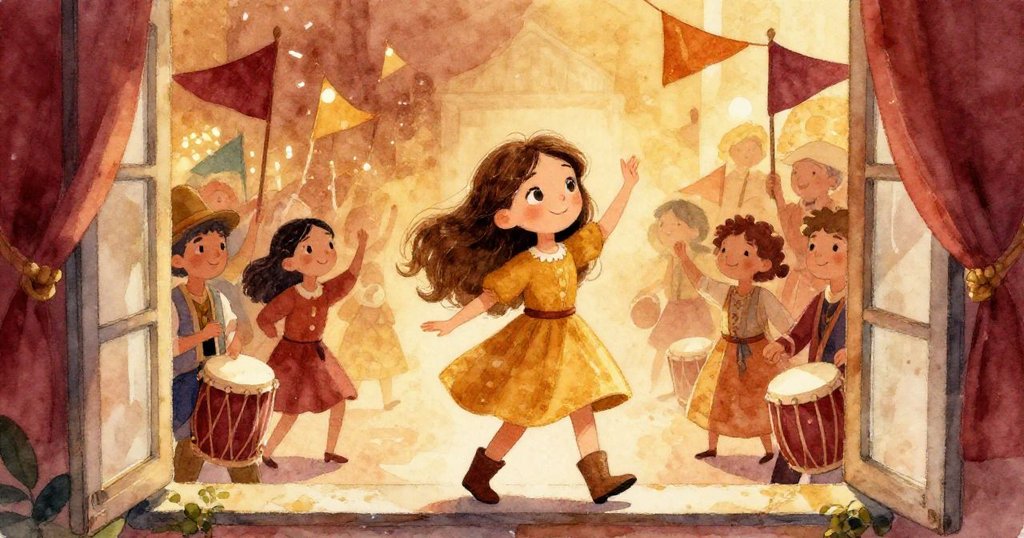 Elena透過敞開窗戶,觀看河邊節慶熱鬧的人群,臉上洋溢著好奇與沉思。