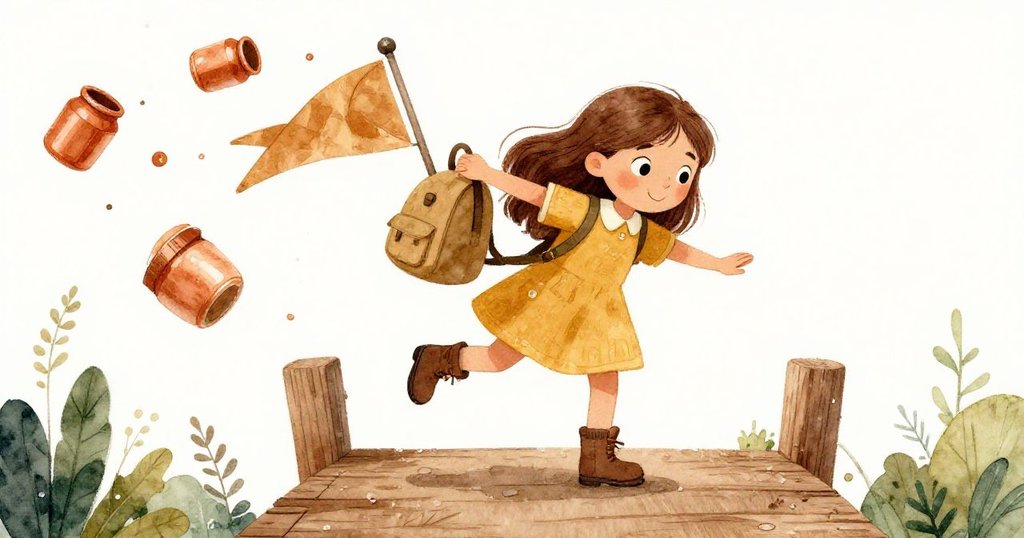 Elena在狹窄滑濕的橋上小心前行,意外被旗桿觸碰背包,畫罐滾動時展現出驚訝與果斷。