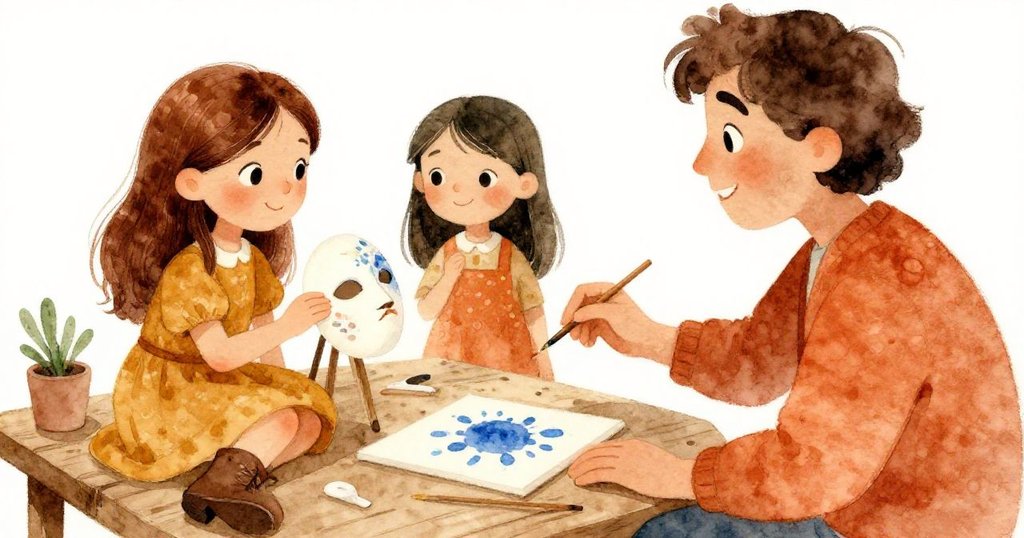 Elena在工作桌旁輕放著塗鴉面具,藍色顏料流動在畫布上,藝術家伴隨微笑見證這份創造與分享。