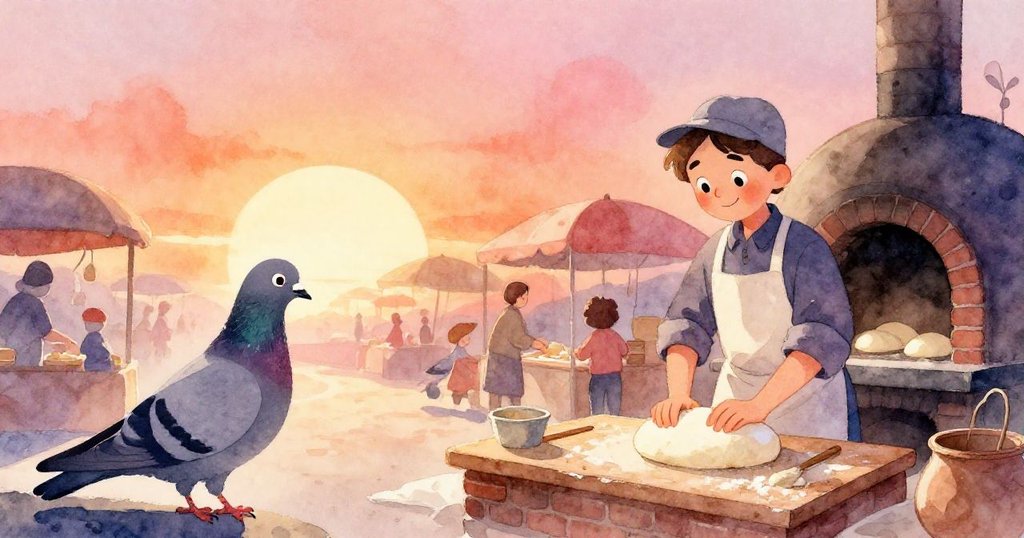 晨光市集中,鴿子飛向攤販,攤販專注揉麵團,溫暖光影中展現忙碌市集情景。