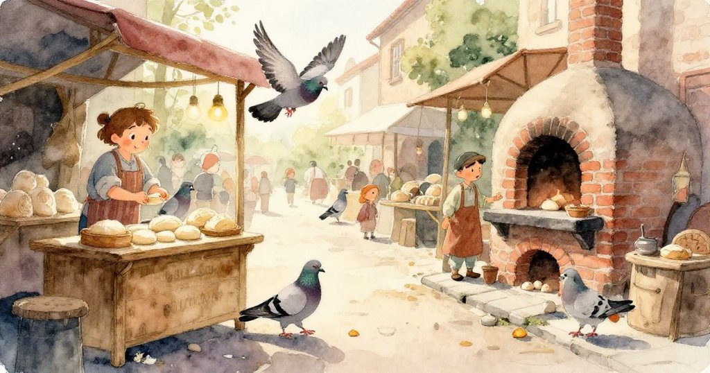 小木橋上閃耀著金色麵包屑,映出溫暖光輝,象徵希望,細膩刻畫市集角落景致。