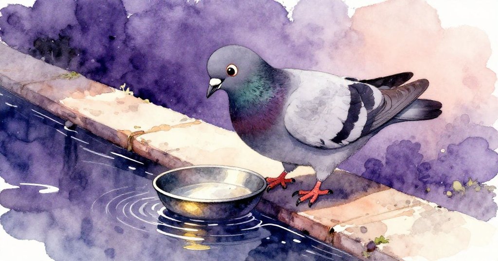 鴿子好奇啄擊金屬鍋,水面映現細膩反光,呈現市場角落中充滿神秘感的瞬間。