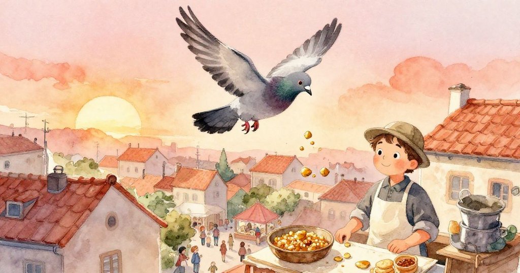 從高處視角見鴿子衔著金色麵包屑高飛,攤販專心看菜單,展現熱鬧市集與動態天地。