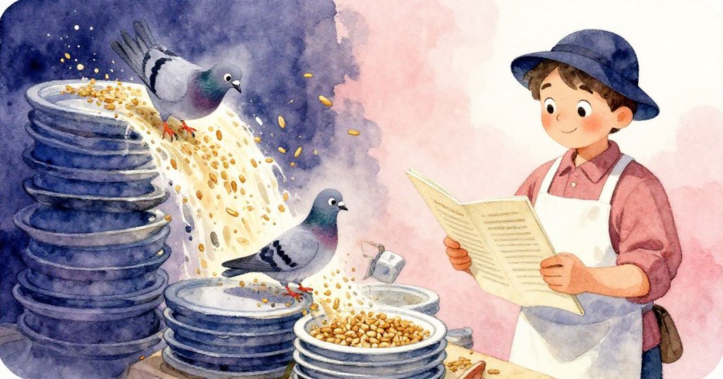 攤販專注看菜單,盤子相撞散落穀物,鴿子穿梭亂局,好奇互動展現市集生動情景。