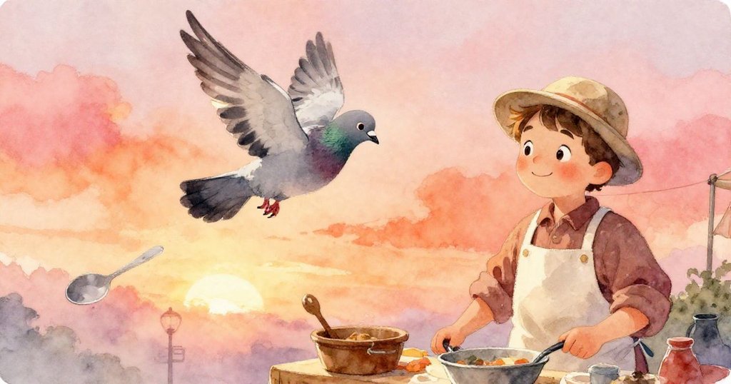 鴿子振翅告別市場,湯匙輕敲攤位,溫暖夕光中展露出一天熱鬧後的柔美告別。