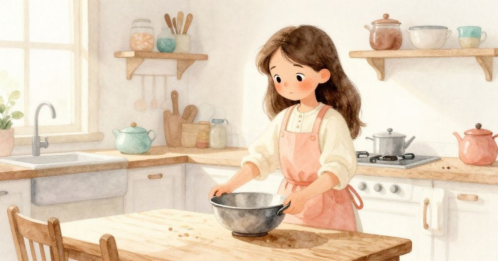 蘭娜在溫暖午後陽光灑落的廚房中提起金屬鍋，動作專注，木桌細節豐富，開始了充滿期待的烘焙冒險。