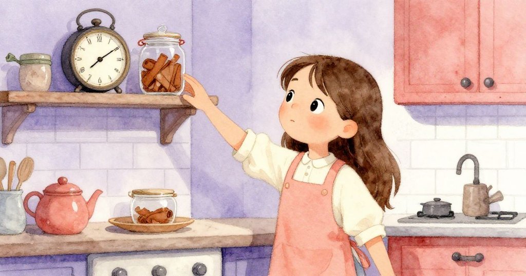 蘭娜伸手取上層架的肉桂罐，驚訝眼神盯著即將滑落的罐子，廚房細節溫柔呈現突發瞬間。