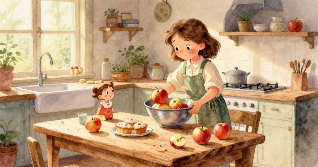 廚房裡罐子撞擊湯匙激起連鎖反應，滾筒被觸動，蘋果和麵粉飛散，生動呈現意外連環。