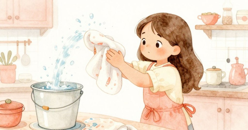 蘭娜急忙拿起毛巾阻擋從水桶溢出的水流，撞擊的蘋果和閃爍水珠營造出緊湊又溫暖的廚房場景。