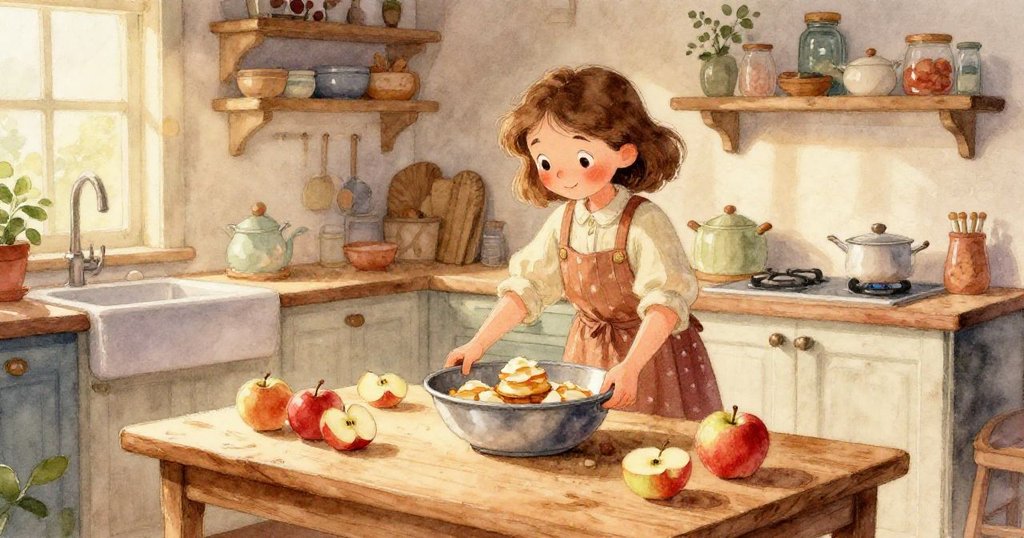 蘭娜注視著一顆蘋果活潑地彈向敞開的門，水珠急速奔流，廚房中充滿趣味動感和驚喜。