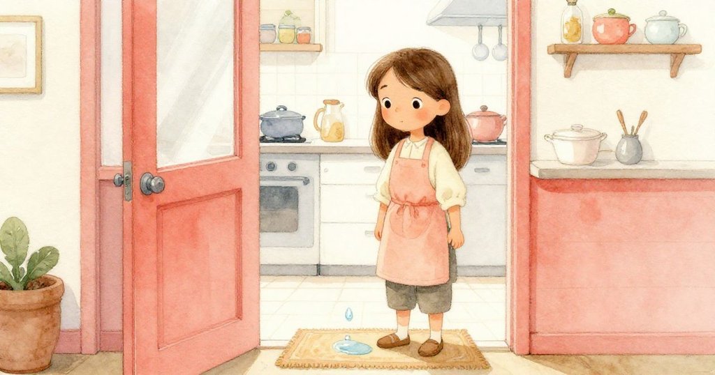 蘭娜站在敞開的門前，平靜注視著餘波，新起點象徵的水滴靜靜滑過地墊，氣氛充滿希望。