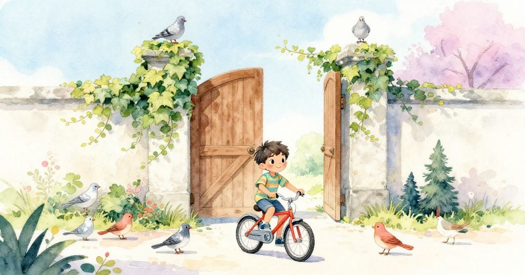 在晨光閃耀的庭院中，Leo騎著自行車接近覆滿藤蔓的舊側門，旁有灰鴿注視，情緒期待與好奇。