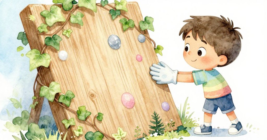 Leo用皮手套輕觸覆滿藤蔓的門板紋理，仔細探查，展現初步發現的好奇與謹慎心情。