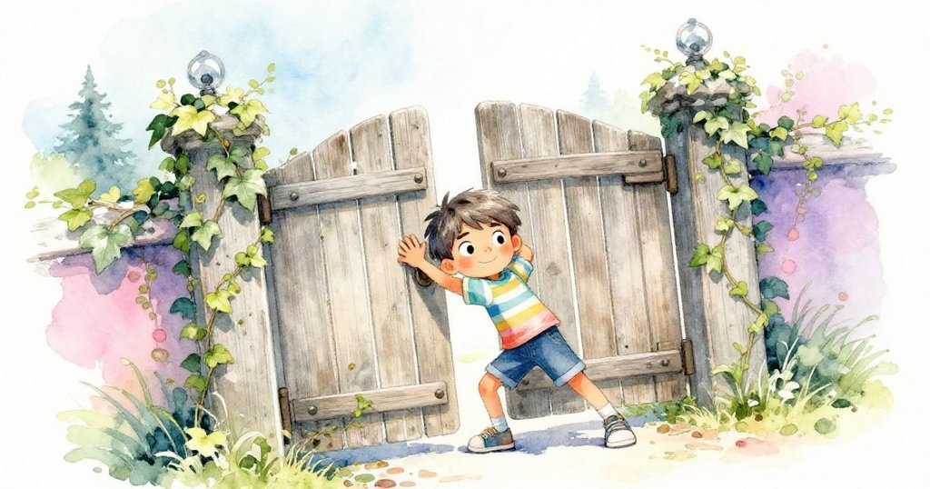 在傾斜視角中，Leo聚精會神地按壓門板中央，臉上流露出專注與期待，充滿冒險氣息。