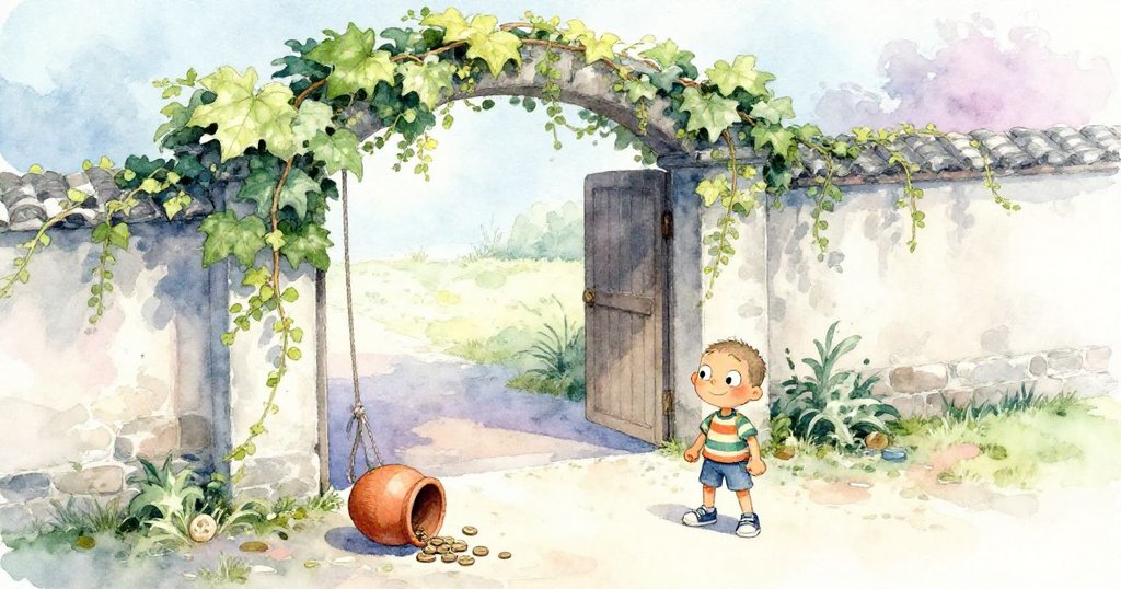 從高處俯瞰庭院中，門扉甦動、塵埃飛揚與落下的陶壺展現轉折與冒險過程，氛圍緊張。