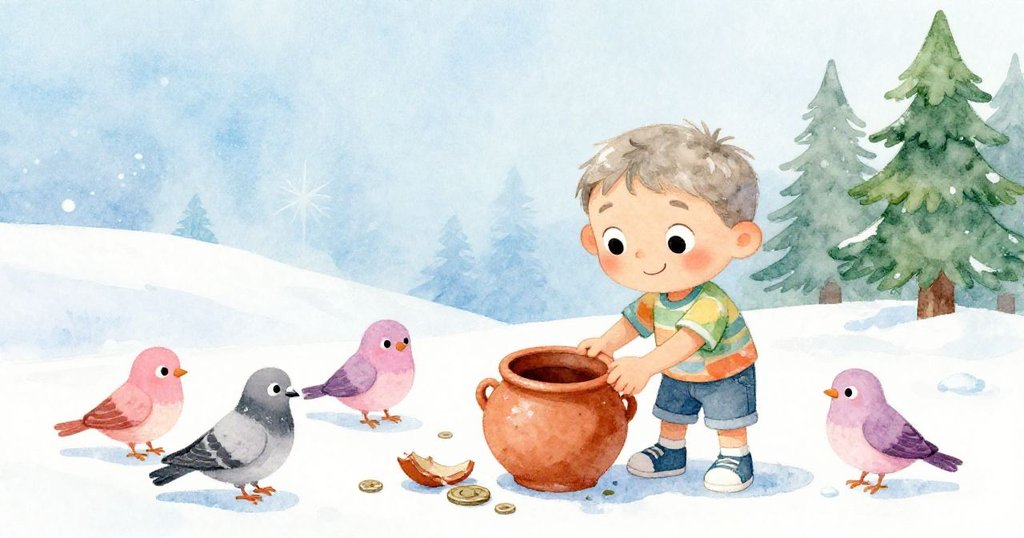 Leo與庭院中飛舞的小鳥共享喜悅，陶壺破裂散出銅幣，展現冒險中微小卻珍貴的勝利時刻。