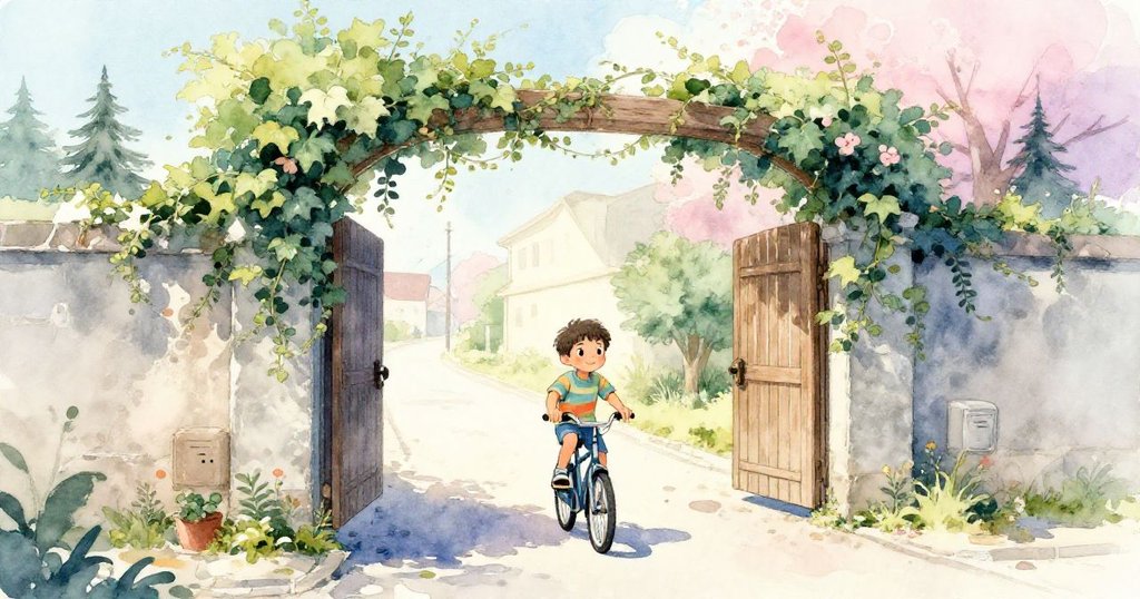 在平靜寬闊的街景中，Leo騎車離去，晨光映照老門與庭院，情緒溫柔、故事落幕留下永久餘韻。