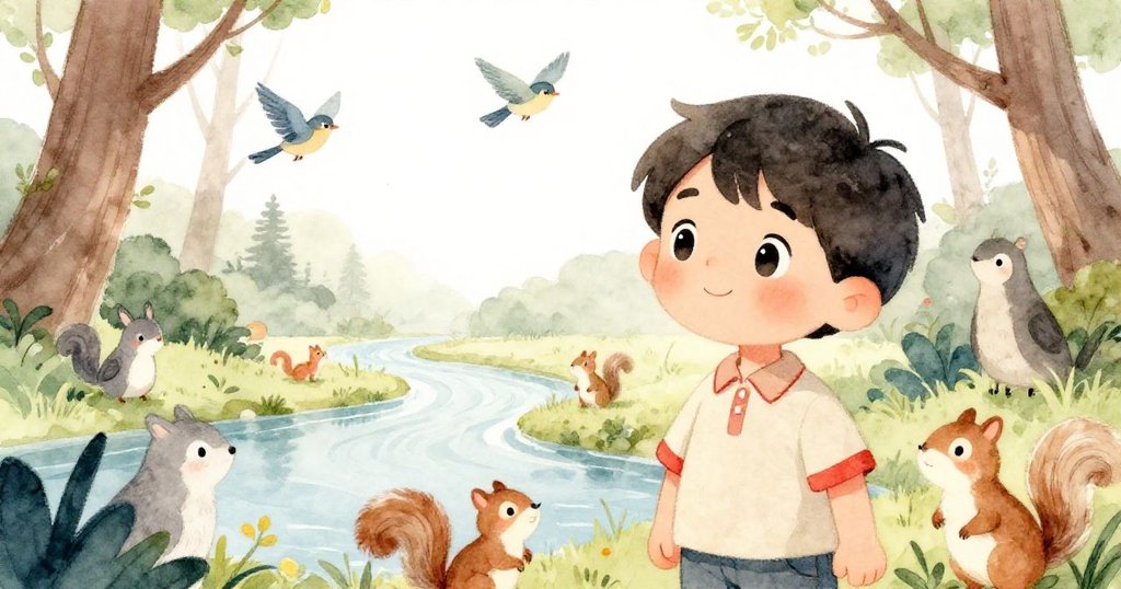 米洛站在河畔，周圍有小鳥和松鼠，他好奇地觀看大自然風景，陽光明媚，氣氛活潑，故事剛開始。