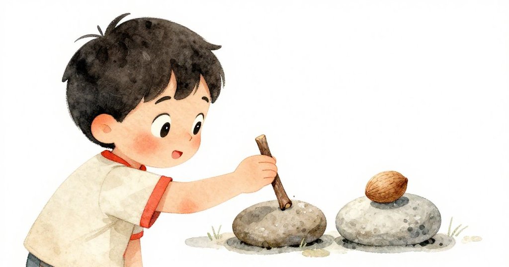 米洛細心地將一根小棒放在兩塊光滑的石頭上，旁邊有圓圓的堅果，象徵著平衡與引導，充滿創意。