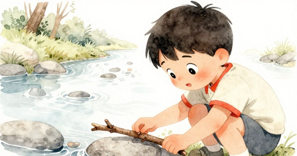 從米洛背後看，他蹲伏著小心觸碰小棒，眼中流露著集中與期待，背景顯示石頭排列和河景，故事進入發展。