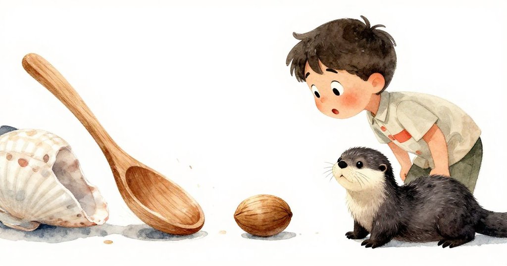 米洛面露緊張之情，看到連串貝殼撞擊木湯匙而使堅果滾動，水獺驚訝拍打尾巴，瞬間氣氛緊繃。