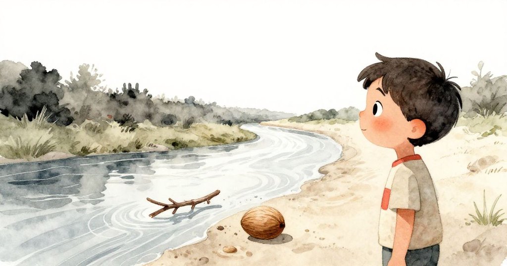 米洛站在河畔，望向開闊的水道，堅果逐漸放慢，水流與沙塵帶來平靜預示著新冒險，情緒從緊張轉為安詳。