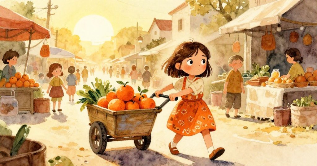 黎明時分,麗娜在繁忙市集中推著滿載明亮橘子的手推車,展現堅定與希望的活力場景。