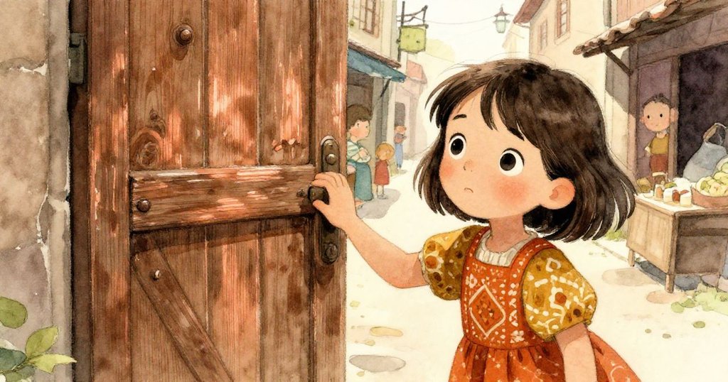 麗娜在狹窄通道試圖移動古舊木門,手觸細膩木紋,展現專注與期待之情。