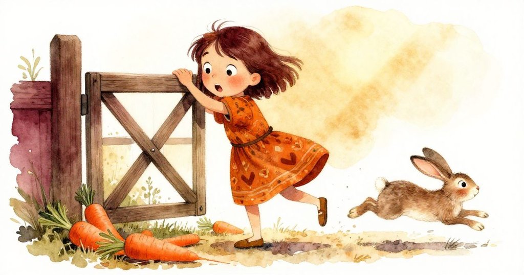 門扇甩開之際,麗娜舉起橫樑驚見胡蘿蔔如彈珠般灑落,小野兔急速躍逃,全場充滿動感。