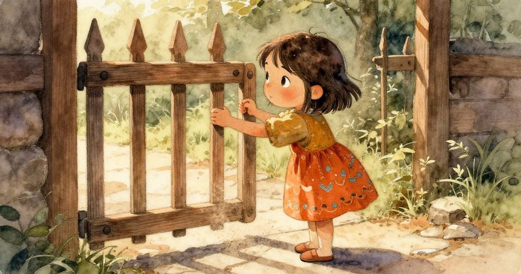 麗娜用指關節輕敲木門樑,灰塵在粗糙石地上飛揚,溫暖陽光照亮專注動作,場面細膩。