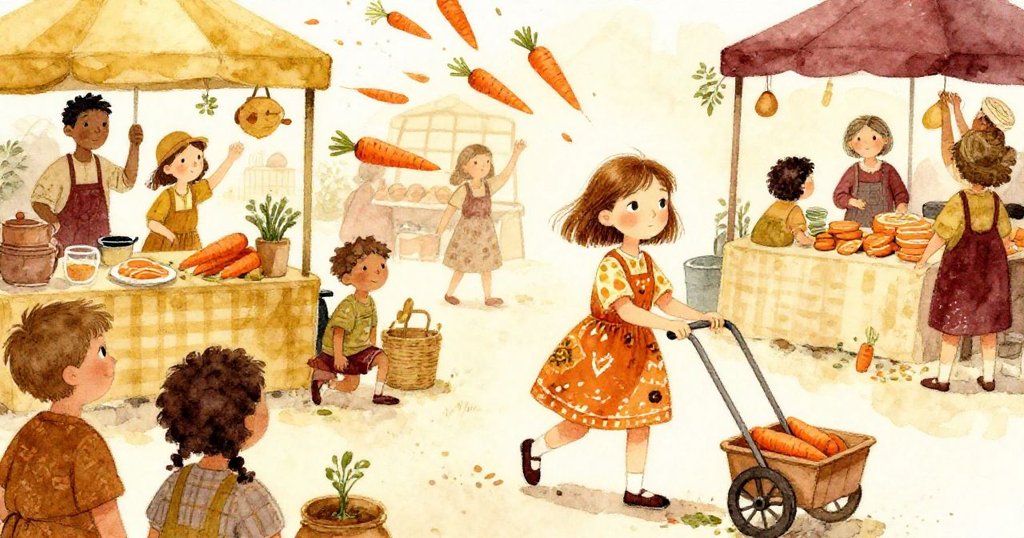 攤販與路人大笑躲避灑落胡蘿蔔,麗娜安然推車穿行市集,展現熱鬧與和諧的互動場面。