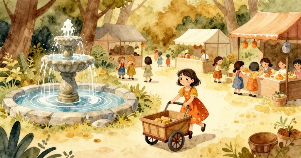 麗娜駕車離開喧鬧市集,朝向綠色綠洲行進,石泉潑出涼水,象徵冒險後的寧靜告別。