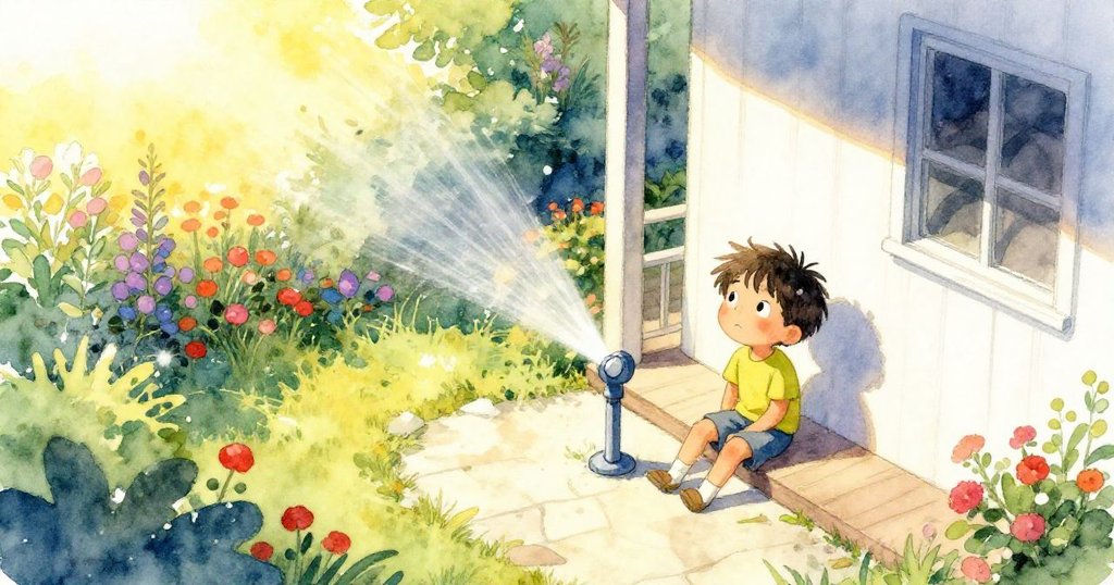 米洛坐在溫暖的門廊上，從高空俯瞰花園與轉動灑水器，陽光普照，神情平靜充滿期待。