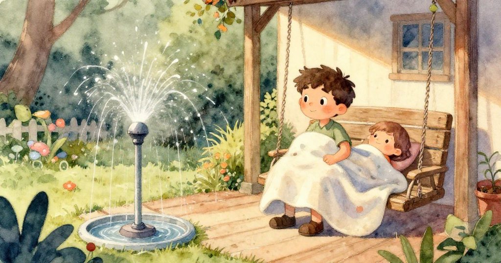 米洛的手正伸向柔軟的毛毯，背景隱約見到搖椅和瑜珈墊，細節豐富，神情期待而溫馨。