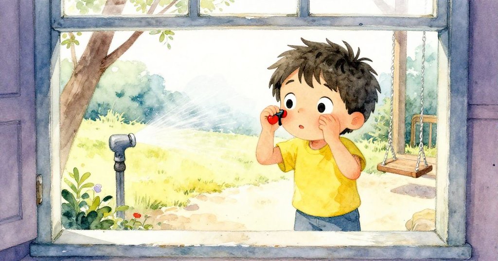 透過舊窗看見米洛坐在門廊上，專注地數著灑水器在秋千旁暫停的秒數，陽光柔和，情緒沉靜。