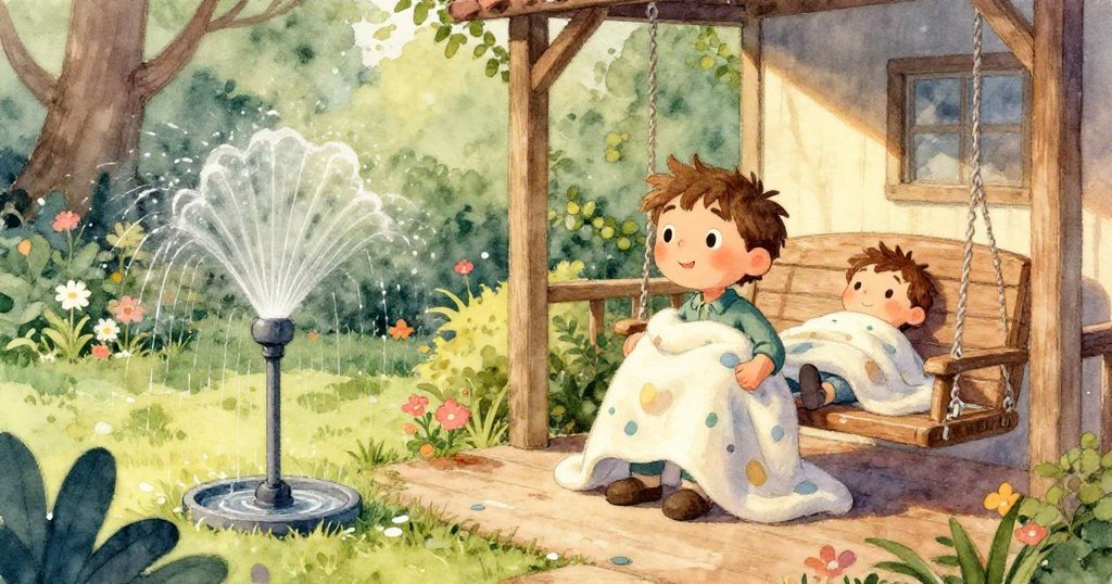 灑水器傾斜噴出水花，濕透毛毯在水滴中閃耀，情節突轉，充滿動感與神秘光彩。