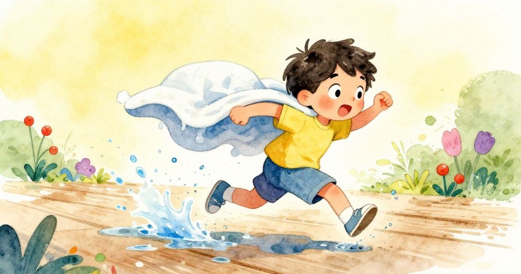 米洛抱著濕透毛毯急奔回門廊，濕滑木板上濺起水花，神情緊張充滿活力，情境急促。