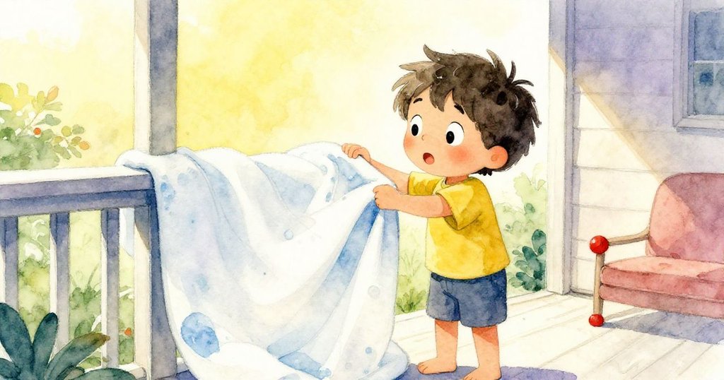 米洛將濕透毛毯輕柔搭在門廊欄杆上，神情從容平和，陽光照耀下呈現出溫暖的結局與接受意外的心情。