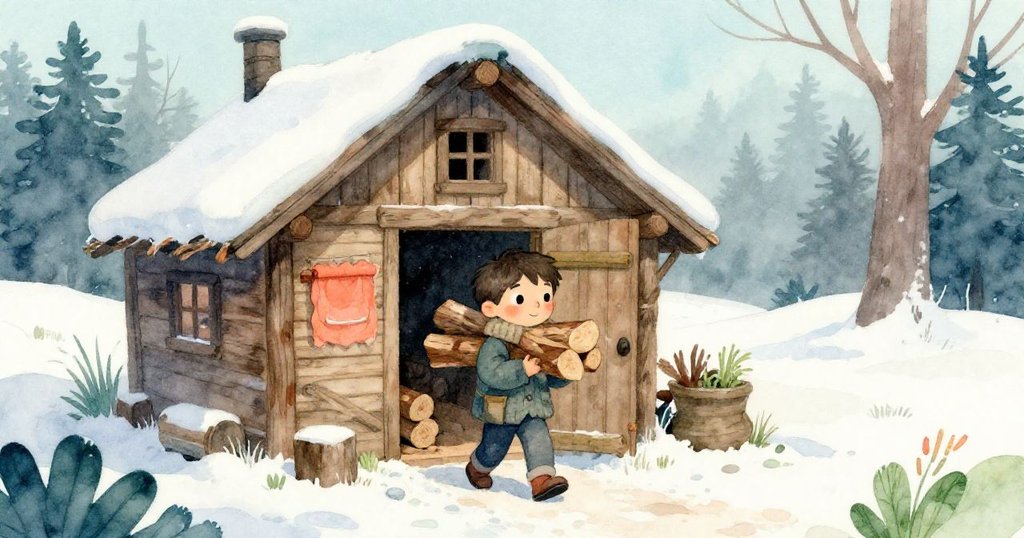 Milo正推開木屋大門迎接晨霧,抱著柴火,窗外寒意襲人,表情中充滿期待與忙碌,營造故事開場氣氛