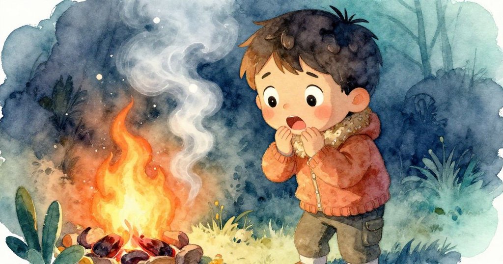 Milo站在火爐前點燃小火苗時,臉上驚訝而微微不適,火光與煙霧交織出室內情境,展現情節發展初期