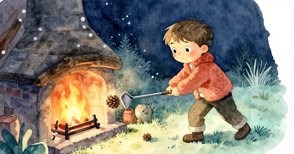 Milo正用鐵撬棒推木柴時,一枚松果突然彈出並滾動,火光與火花映出室內活潑情境,表現故事高潮