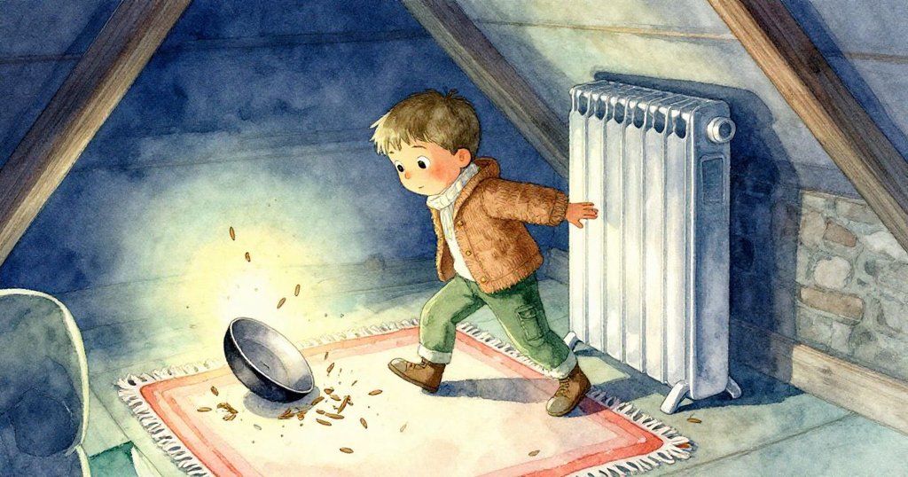 Milo退後時不小心撞上金屬暖爐,導致小鍋滑落並散出松針,屋內溫暖火光映襯出意外瞬間,敘述故事發展