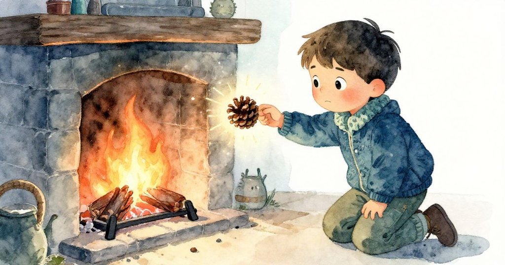 Milo輕踩火花後將彈出的松果放回灰燼中,臉上滿足微笑,溫暖火光衬托出故事轉向解決與慶祝的氛圍