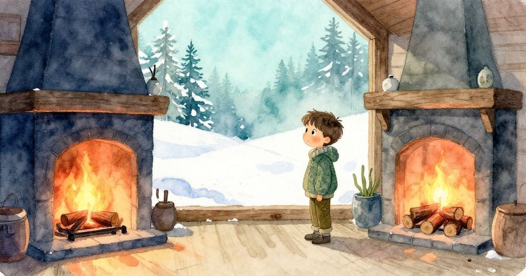 Milo站在溫暖木屋內,凝視著火爐上方靜懸的火花,火光柔和且平靜,故事在寧靜與滿足中結束