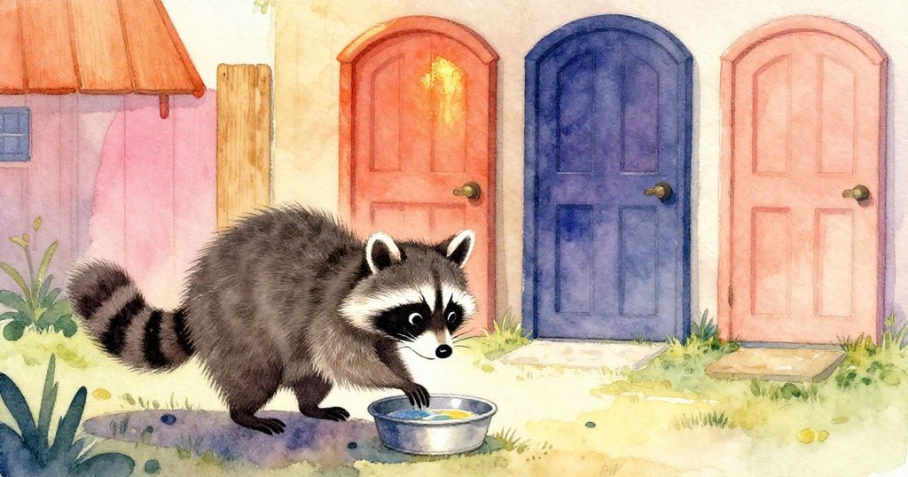 年輕浣熊在朝陽映照下沾上淡色油漆，背景有杉木板與繪畫門板，神情充滿好奇與活力。