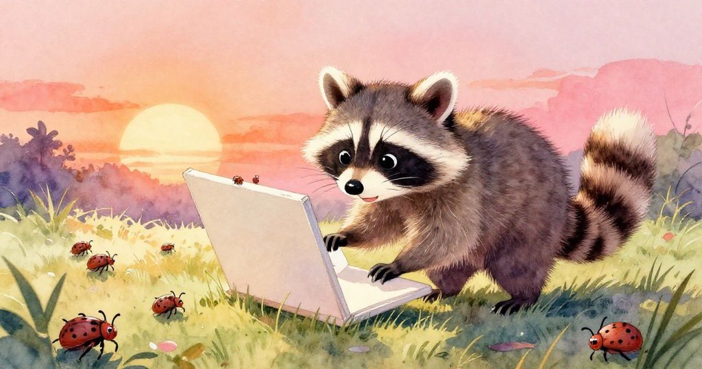 年輕浣熊在草地上輕觸展開的畫布，驚動躲在下方的甲蟲，場景充滿溫暖光線與生動動作。