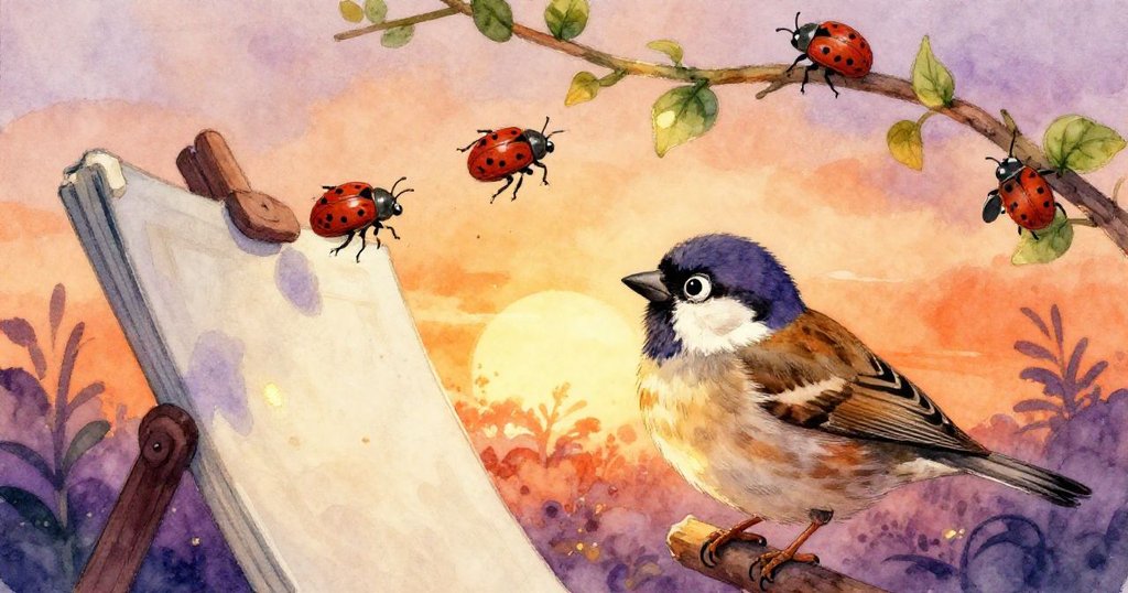 小麻雀在藤蔓上俯瞰展開的畫布，驚見甲蟲竄出，眼中流露出驚奇與活力。