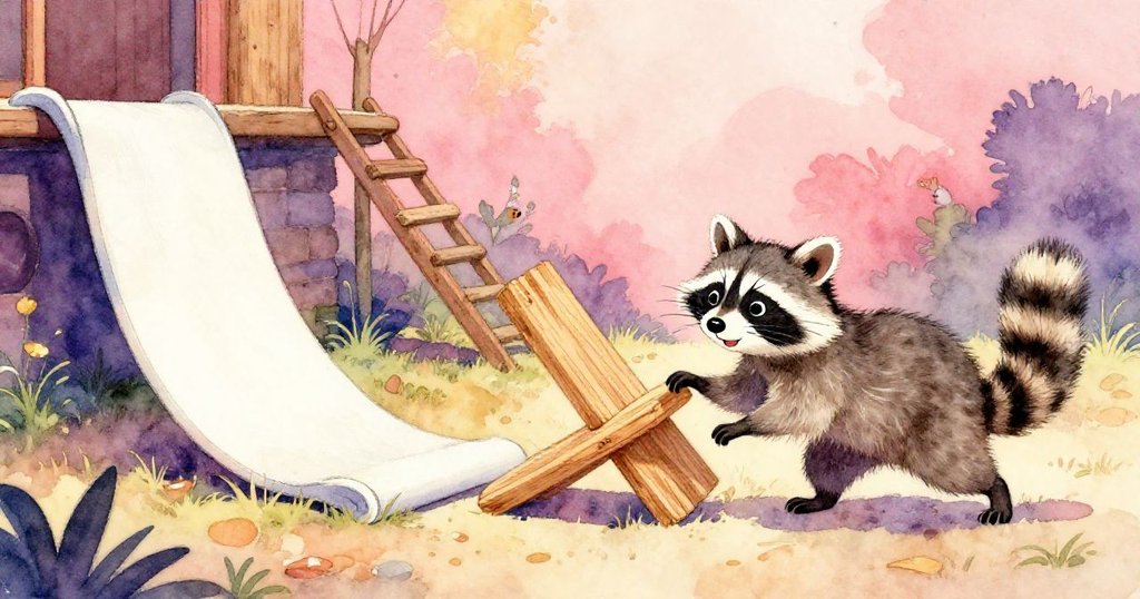 庭院中畫布滑動、梯子傾斜，杉木板輕拍浣熊背部，浣熊驚跳，場景充滿連鎖反應與生動動作。