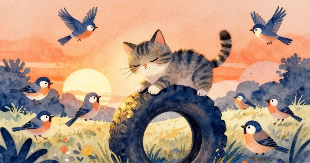 驚醒的睡貓跳上車輪，伴隨著嬉戲的小麻雀，庭院中洋溢著慶祝般的活力與溫暖快樂。