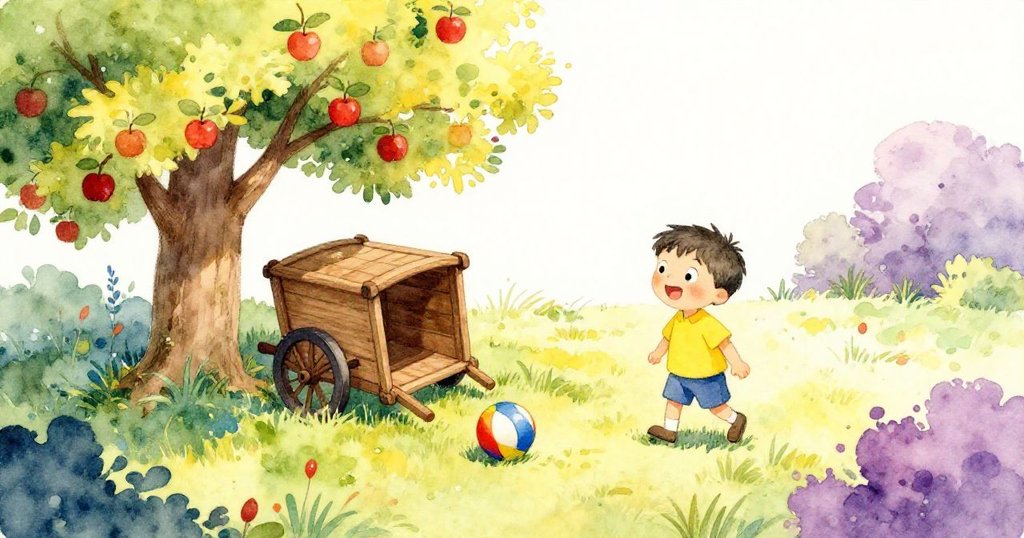 Milo從高空俯瞰庭院，輕推木車使彩繪玩具在蘋果樹下滾動，陽光燦爛，充滿童趣與冒險精神。